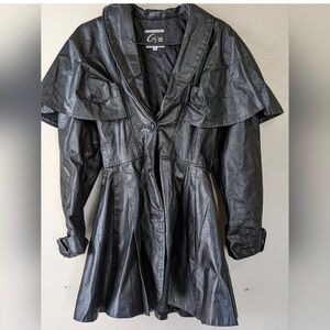 Black Peplum Leather Jacket with Unique Cape Design and Fitted Belt